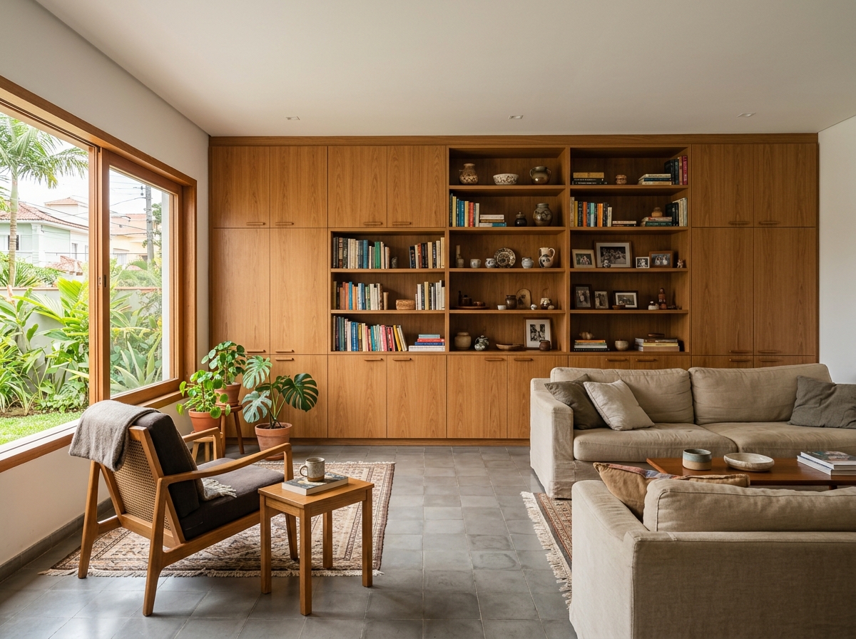 Sala com estante planejada de parede inteira em madeira