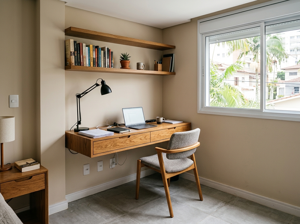 Bancada de home office suspensa em madeira com prateleira