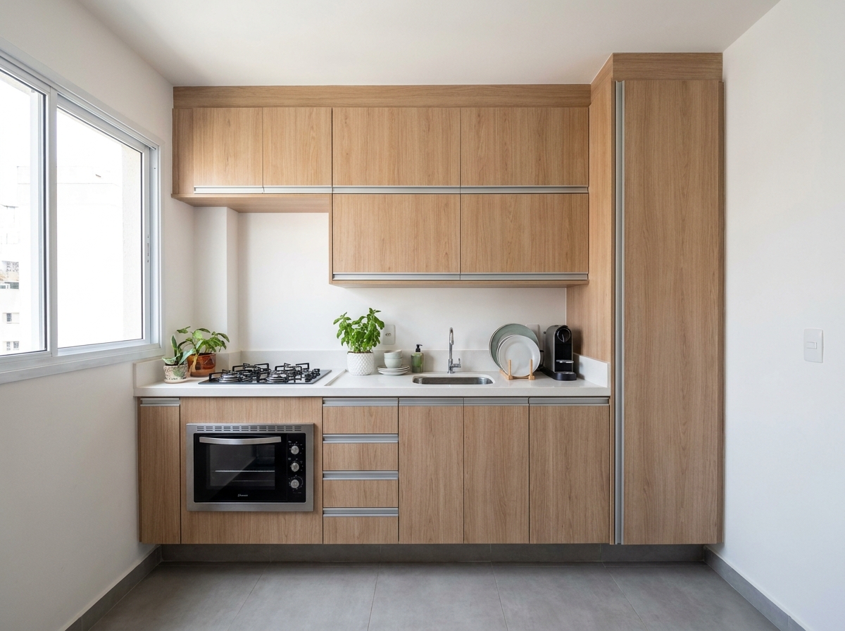 Cozinha planejada de apartamento com aéreos até o teto