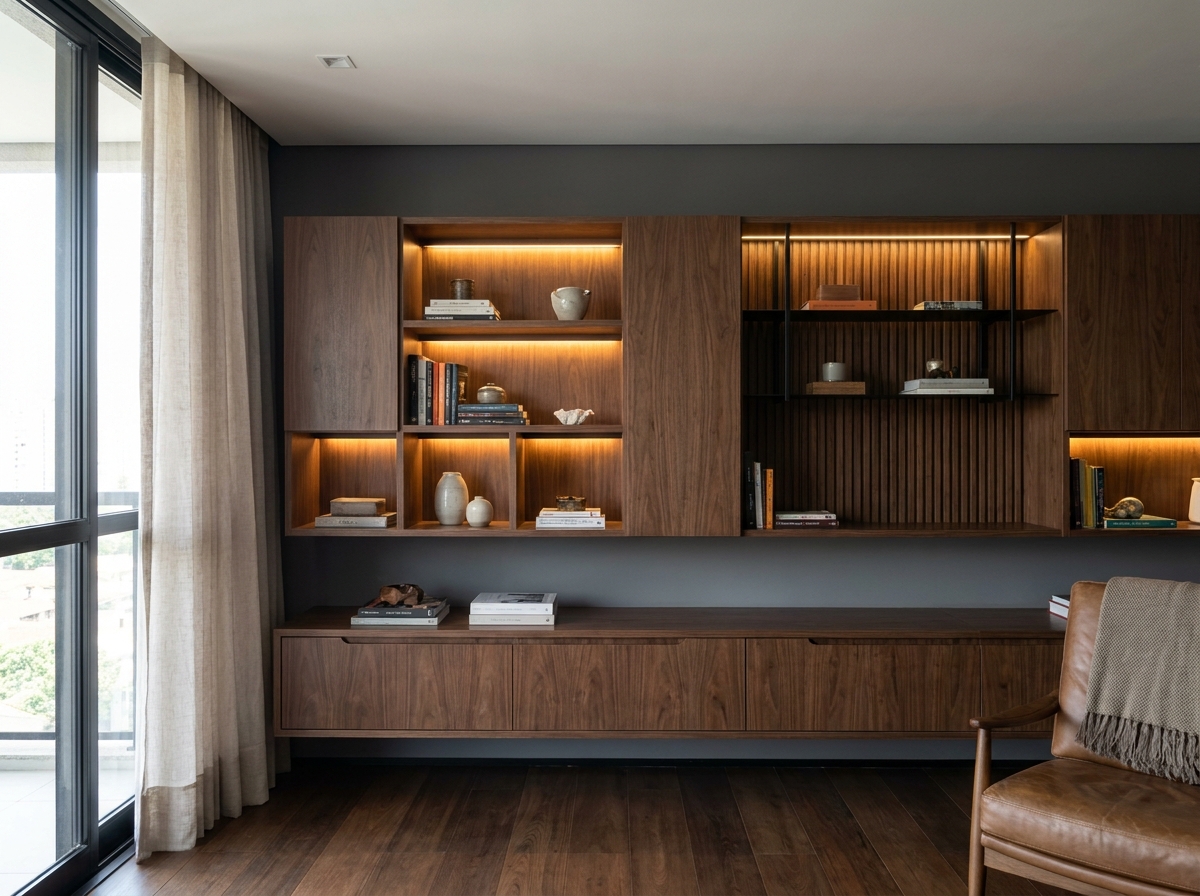 Painel de living em nogueira com nichos iluminados e detalhe ripado