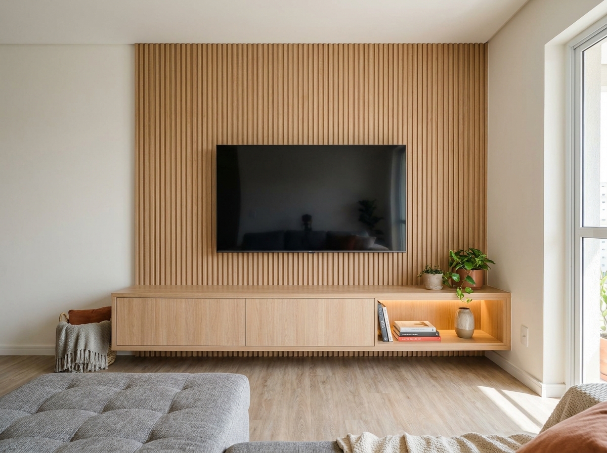 Painel de TV ripado com rack suspenso e nicho iluminado