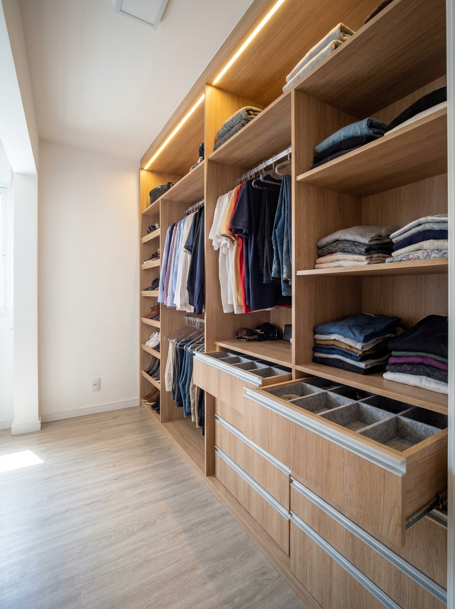 Closet aberto planejado com prateleiras, cabideiros e gavetas