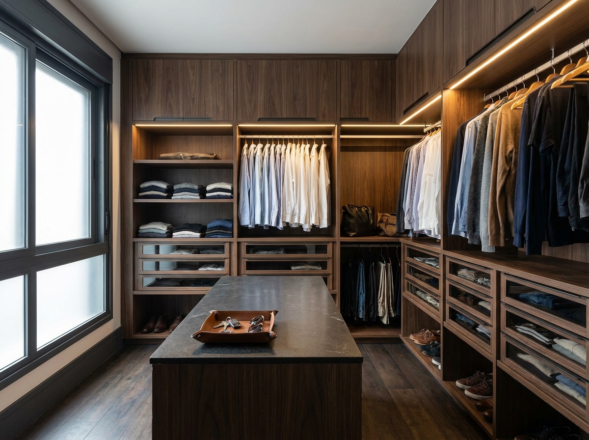 Closet sob medida em nogueira com ilha central e iluminação embutida